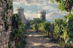 grape fields against the backdrop of a medieval castle photo