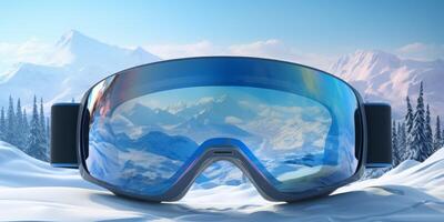 Ski goggles with mountains reflection photo