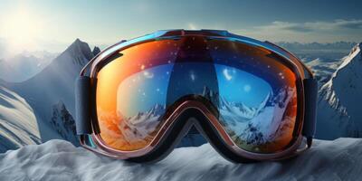 Ski goggles with mountains reflection photo