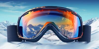 Ski goggles with mountains reflection photo