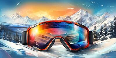 Ski goggles with mountains reflection photo