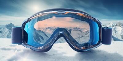 Ski goggles with mountains reflection photo