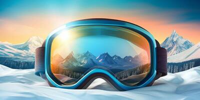 Ski goggles with mountains reflection photo