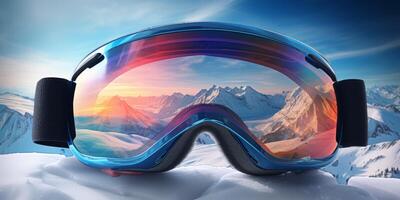 Ski goggles with mountains reflection photo