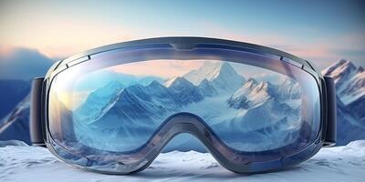 Ski goggles with mountains reflection photo