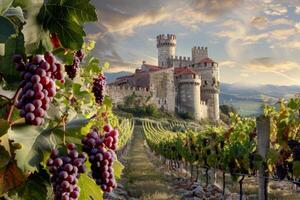 grape fields against the backdrop of a medieval castle photo