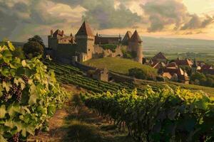 grape fields against the backdrop of a medieval castle photo