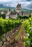 grape fields against the backdrop of a medieval castle photo