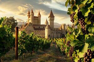 grape fields against the backdrop of a medieval castle photo
