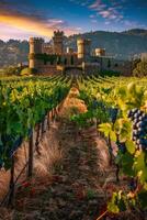 grape fields against the backdrop of a medieval castle photo