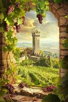 grape fields against the backdrop of a medieval castle photo