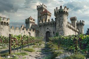 grape fields against the backdrop of a medieval castle photo