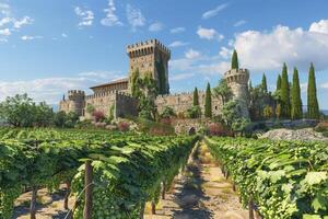 grape fields against the backdrop of a medieval castle photo