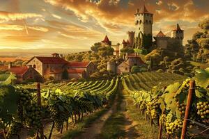 grape fields against the backdrop of a medieval castle photo