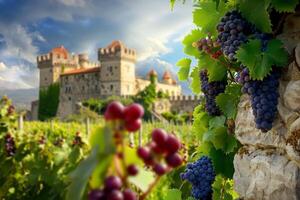 grape fields against the backdrop of a medieval castle photo