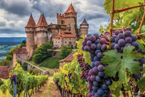 grape fields against the backdrop of a medieval castle photo