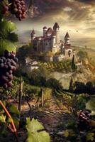 grape fields against the backdrop of a medieval castle photo