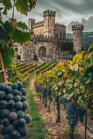 grape fields against the backdrop of a medieval castle photo