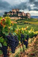 grape fields against the backdrop of a medieval castle photo