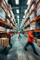 Blurred image of employees in a warehouse photo