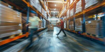 Blurred image of employees in a warehouse photo