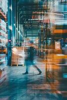 Blurred image of employees in a warehouse photo
