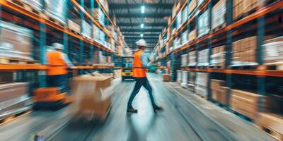 Blurred image of employees in a warehouse photo