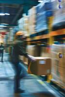 Blurred image of employees in a warehouse photo