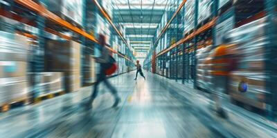 Blurred image of employees in a warehouse photo