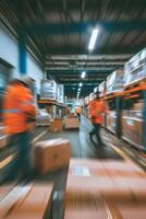 Blurred image of employees in a warehouse photo