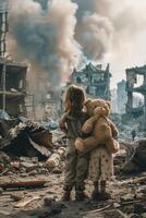 Children sitting in front of a ruined ruined city photo