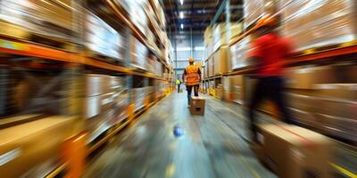 Blurred image of employees in a warehouse photo