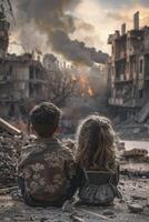 Children sitting in front of a ruined ruined city photo