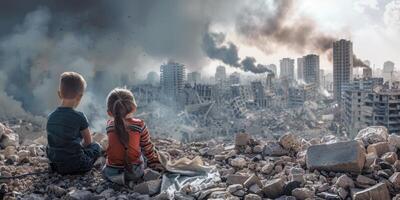 Children sitting in front of a ruined ruined city photo