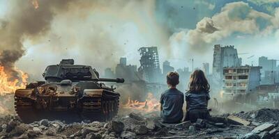 Children sitting in front of a ruined ruined city photo