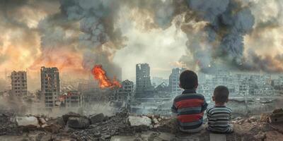 niños sentado en frente de un arruinado arruinado ciudad foto