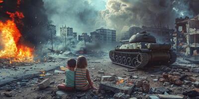 Children sitting in front of a ruined ruined city photo