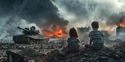 Children sitting in front of a ruined ruined city photo