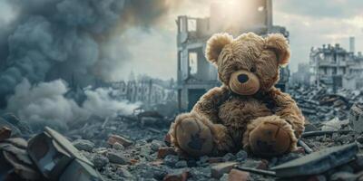teddy bear against the background of destroyed buildings photo