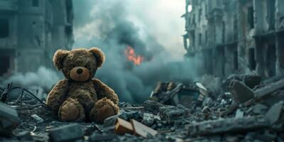 teddy bear against the background of destroyed buildings photo