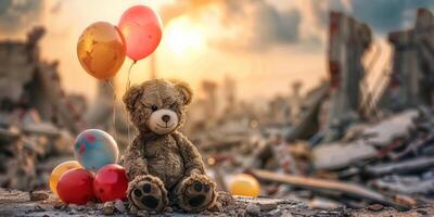 teddy bear against the background of destroyed buildings photo