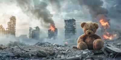 teddy bear against the background of destroyed buildings photo