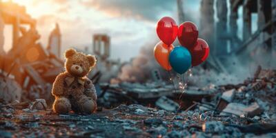 teddy bear against the background of destroyed buildings photo