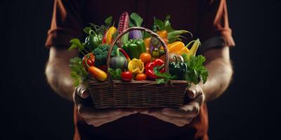 Farmer holding vegetables and fruits in his hands photo