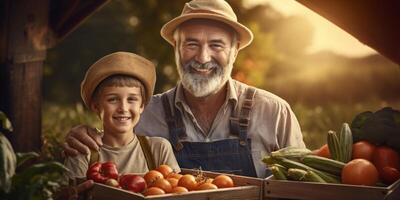 Farmer holding vegetables and fruits in his hands photo