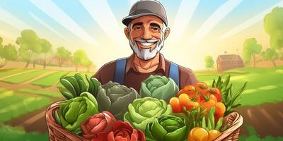 Farmer holding vegetables and fruits in his hands photo