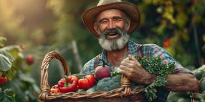 Farmer holding vegetables and fruits in his hands photo