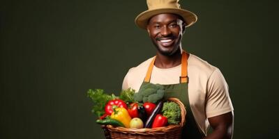 Farmer holding vegetables and fruits in his hands photo