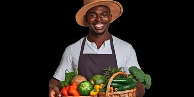 Farmer holding vegetables and fruits in his hands photo