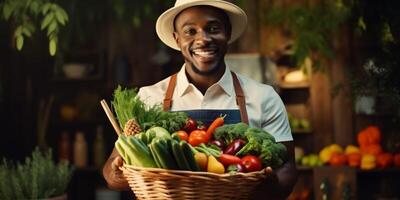 granjero participación vegetales y frutas en su manos foto